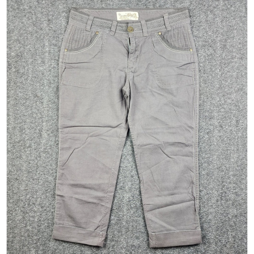 Aventura Cropped Pants Womens 8 Grey Crochet Lace Trim‎ Boho Pleated Pocket
